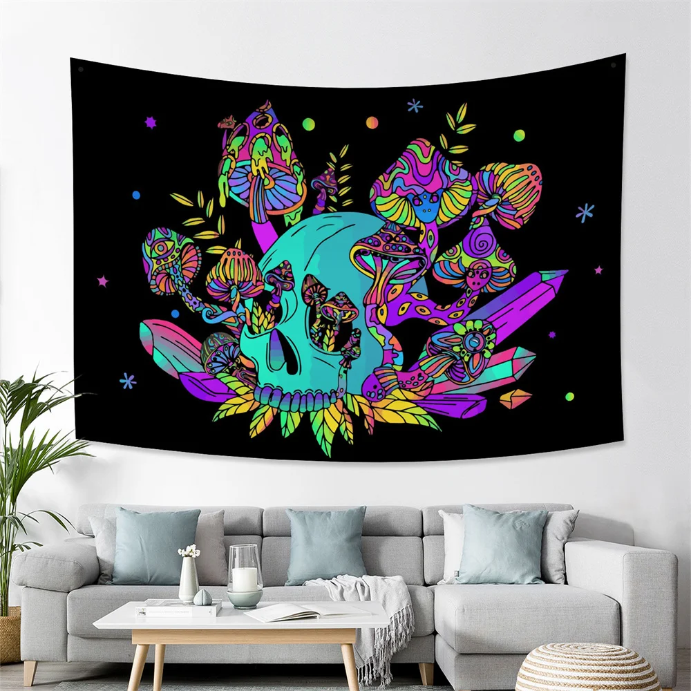 Psychedelic Skull Mushroom Tapestry Wall Hanging Gypsy Mandala Tapiz Witchcraft Aesthetic Room Decor Trippy Art Bedroom Decor