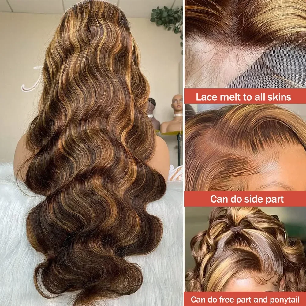 تسليط الضوء على 250% الكثافة 13x4 HD الدانتيل الجبهة خصلات الشعر المستعار الإنسان النساء 30 32 بوصة الجسم موجة البرازيلي غلويليس الدانتيل إغلاق أمامي شعر مستعار