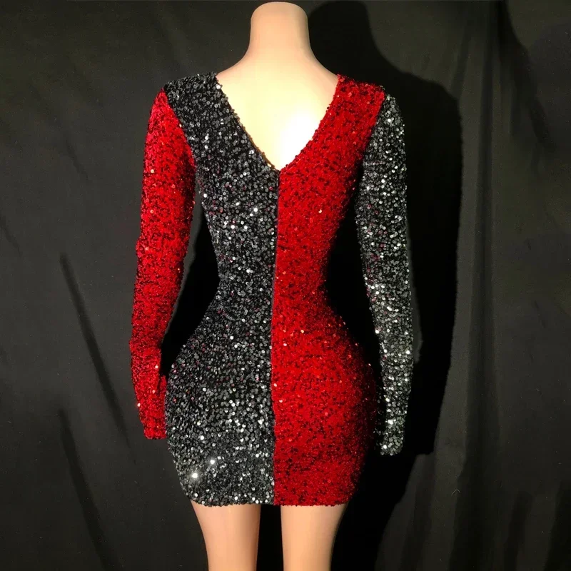 Novo vermelho preto lantejoulas vestido sexy recorte noite gogo traje desempenho de palco wear feminino festival outfit