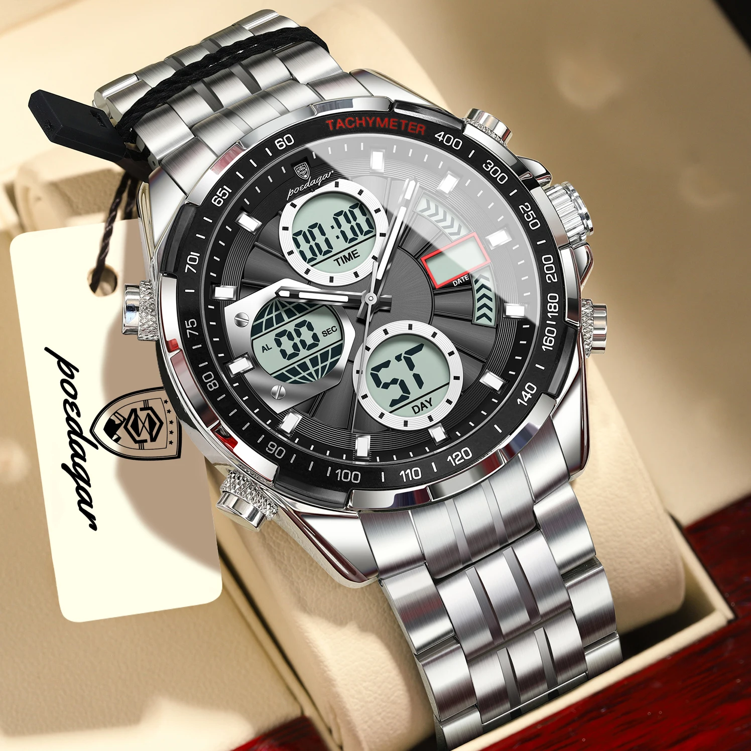 POEDAGAR High Quality Electronic Male Wristwatch Waterproof LED Men's Quartz Watches Stainless Steel Dual Time Digital Men Clock image 2