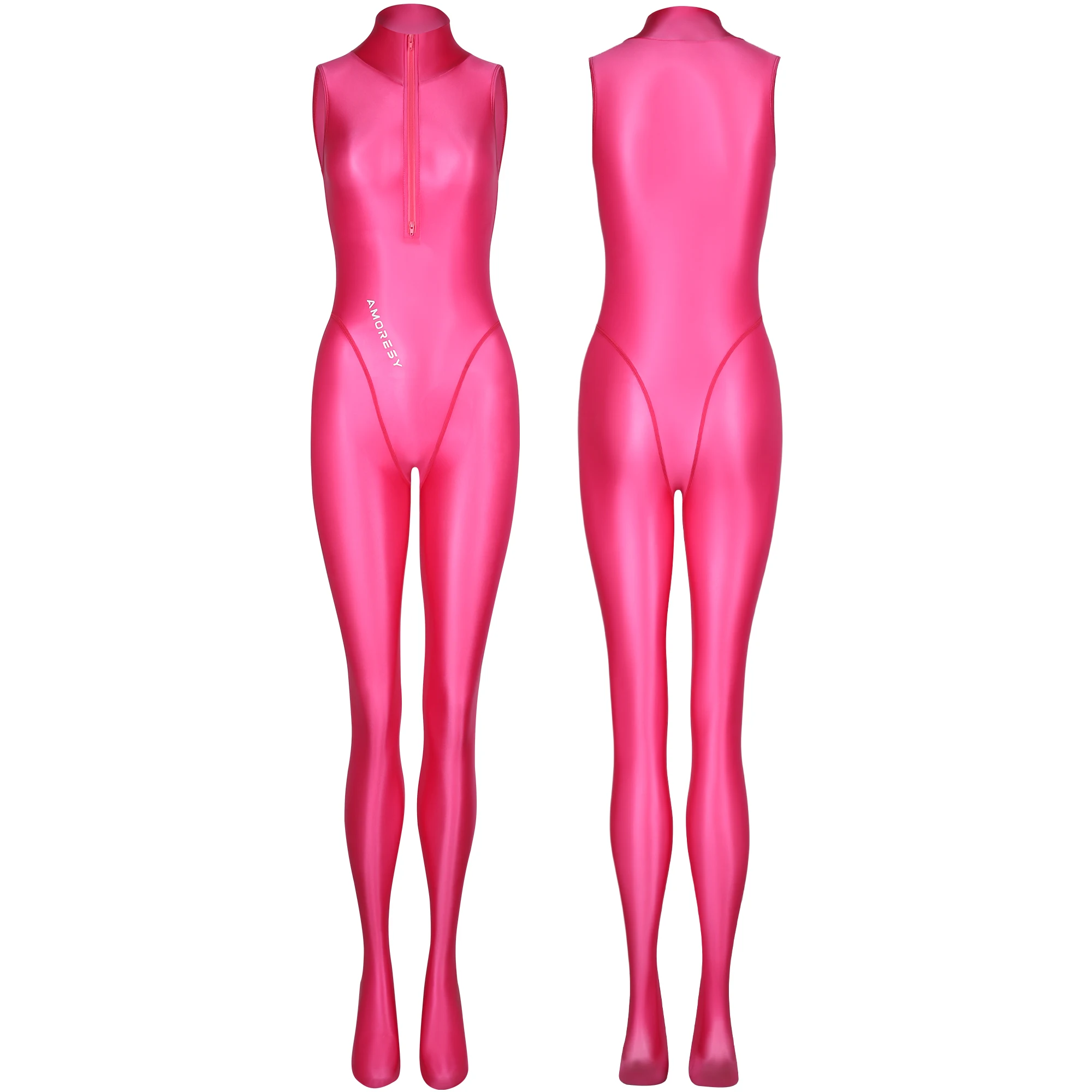 AMORESY dünner, glänzender, ölglatter, bidirektionaler Frontreißverschluss-Jumpsuit, einfarbiger, hochgeschlossener, ärmelloser Badeanzug – Detail 14