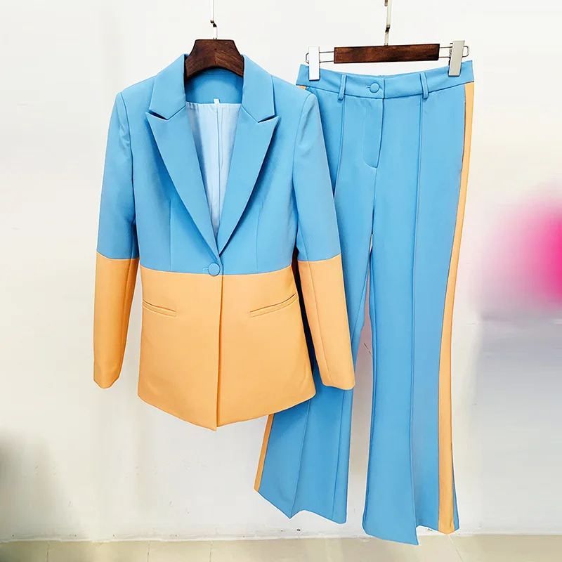 Traje informal de negocios para mujer, conjunto de 2 piezas con un botón de contraste de Color y pantalones de campana, conjunto Formal de viaje de