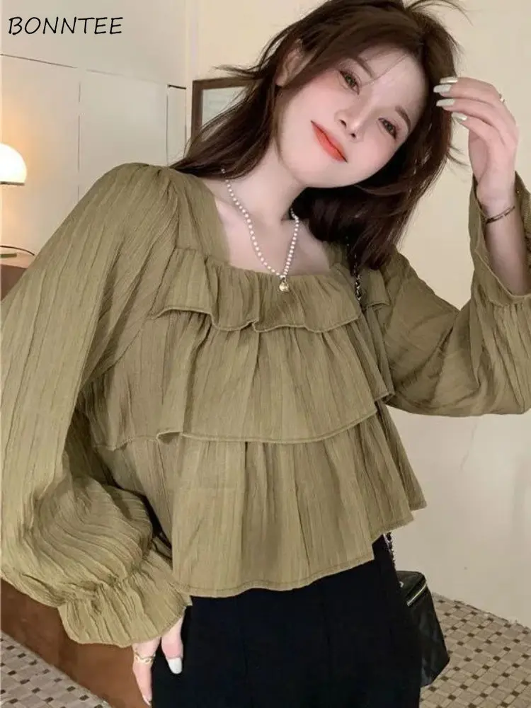 Blouses Women Spring New Design Ruffles Aesthetic Solid Clothing Tops Square Collar BF Sweet Leisure All-match Breathable Femme