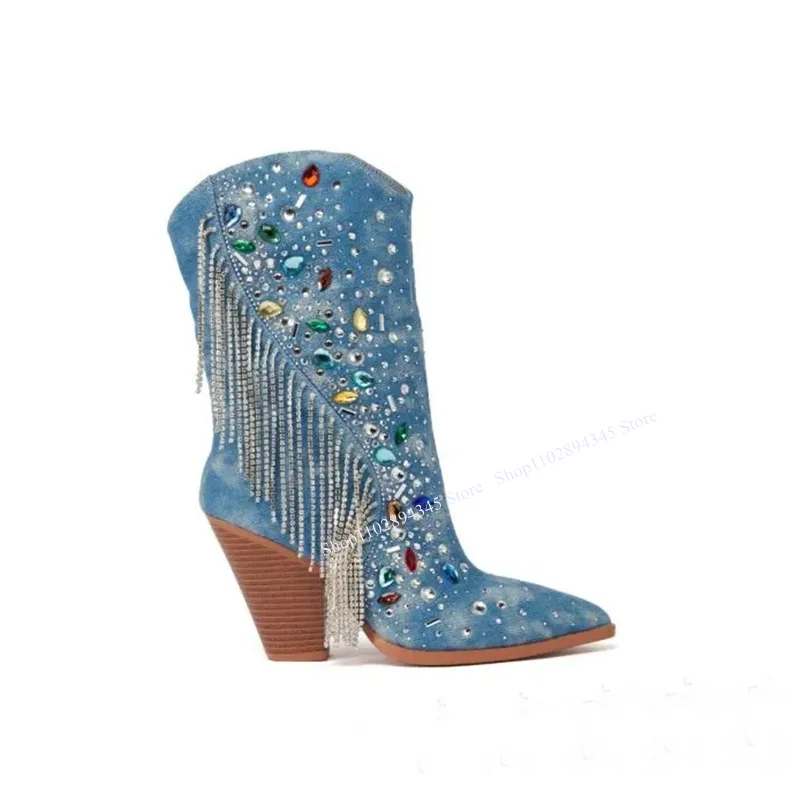 Blue Crystal Tassels Denim Boots Mid Calf Chunky Heel Pointed Toe Fashionable Sexy Summer 2024 Woman Shoes Zapatillas Mujer