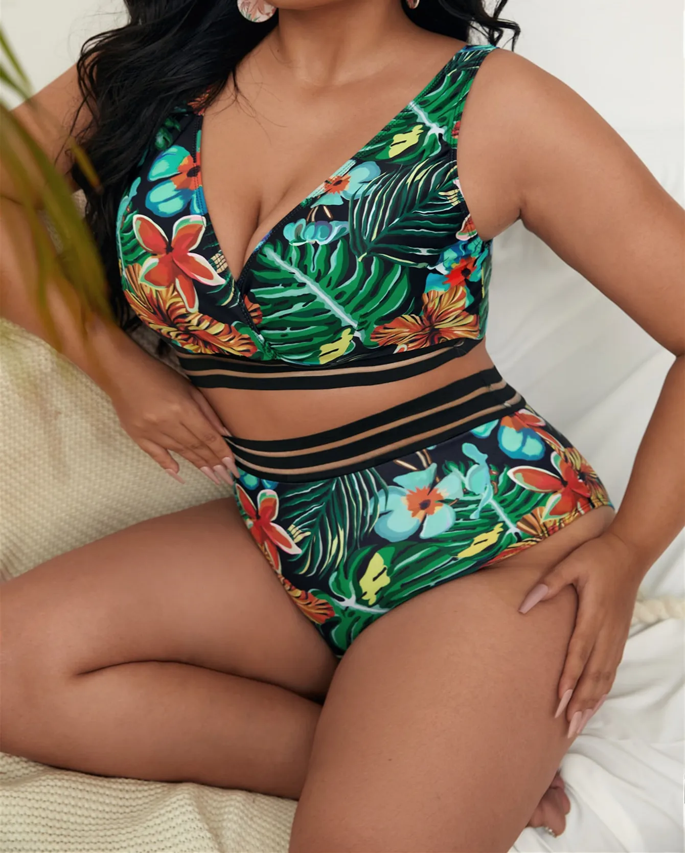 Plant Floral Print Plus Size High Waist Bikini Swimwear Women\'s Swimsuit Beachwear Bathing Suits