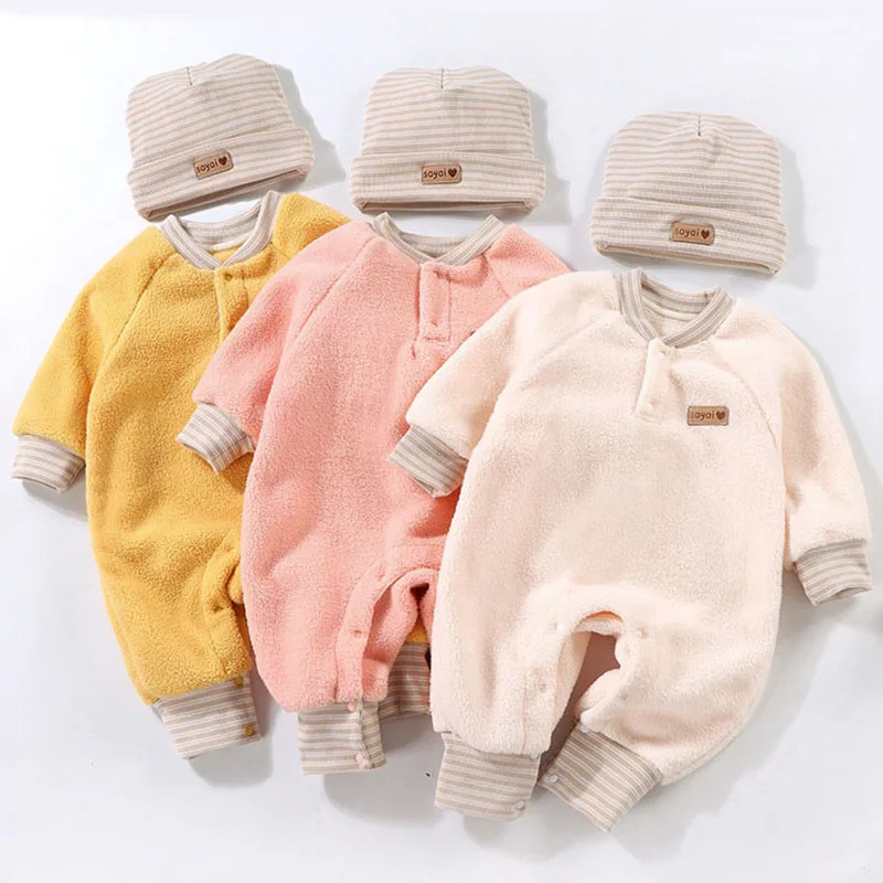 Baby Padded One-Pieces Warm Cold Jumpsuit Childrens Fleece Thicken Rompers Newborn Solid Overalls Boys Girls Bodysuit 0-2 Years