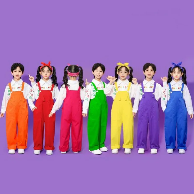 Kids Hip Hop Loose Colorful Overalls Girls Boys Patchwork Dungaree Children Candy Color Jumpsuit Street Dance Romper Streetwear
