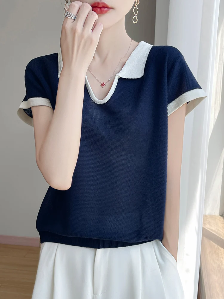 Estate 2025 T-shirt da donna in maglia ort Sve vestibilità ampia sottile traspirante V-Ne Color Blo Casual versatile top dimagrante