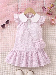 Girl's Summer Fashion Texture Printed Fabric Paired with White Doll Neck Dress with Small Bag