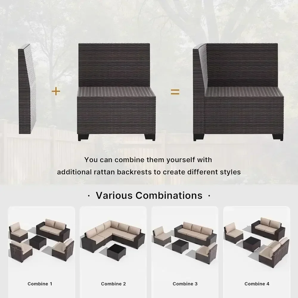 7-Piece Patio Furniture Set with Fire Pit Table, Wicker with Wide Armrests, High Backrest, Thick Cushions, Coffee Table, Khaki O