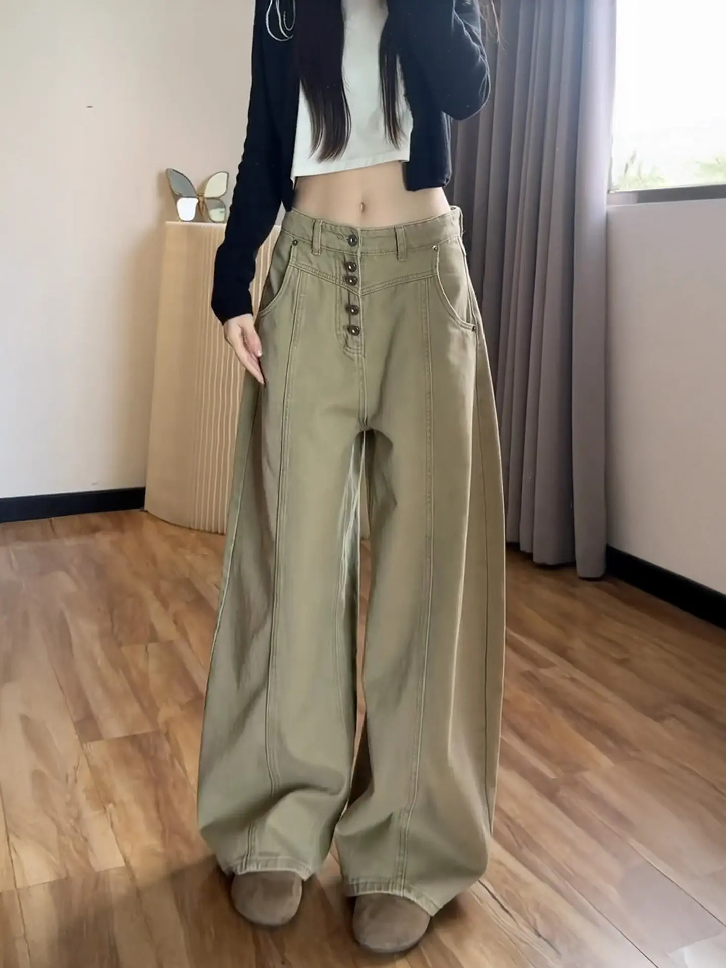 

American High Street Workwear Single Button Denim Pants Women's Summer Vintage Khaki High Waist Drapey Wide Leg Knife Pants