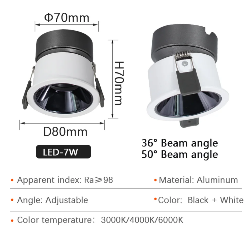 Anti-reflexo de alumínio Cob Downlight, estreito incorporado, projector de teto ultra-fino, alto CRI profundo, 7W