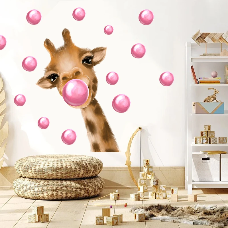 

Cartoon Animals Giraffe Wall Stickers For Kids Rooms Pink Bubble Cute Kawaii Girls Children Room Decoration Nursery Wallpaper