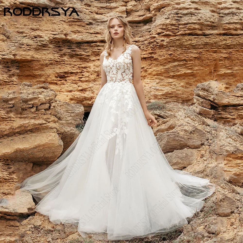 Roddrsya plage sans manches femmes robe de mariée col en V dentelle applique robe de mRODDRSYA-Robes de mariée en fibre de dentelle à col en V pour femmes, robes de mariée en tulle Boho A-Line, robe éducative de mariée