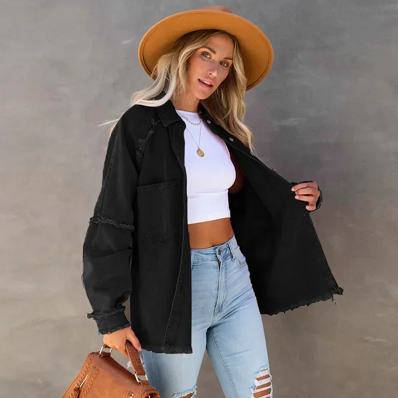 Vintage Raw Edge Splicing Loose Jackets Women Tassel Hem Single-breasted Cardigan Outerwear Female Washed Solid Color Denim Coat