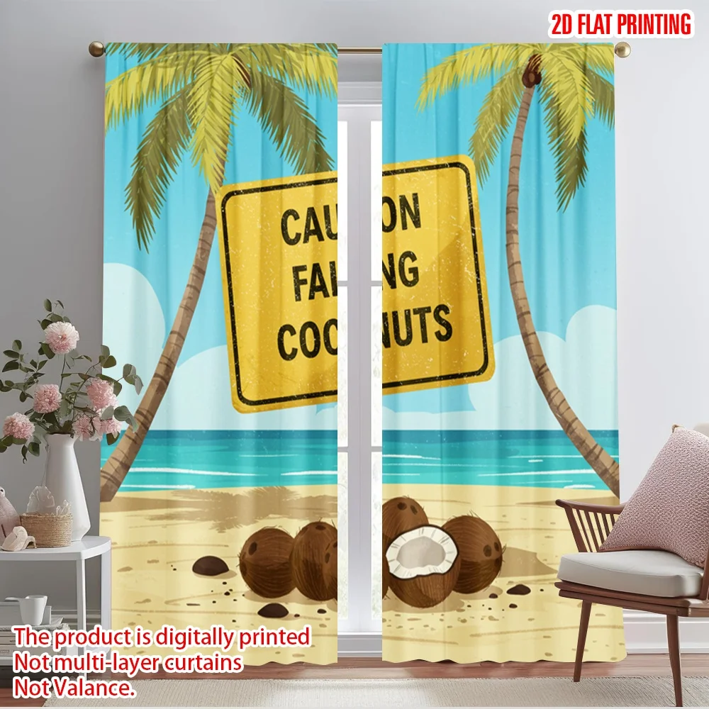 

2pcs 2D flat printing Curtain Caution Falling Coconuts Beach Polyester Without Electricity Birthday Party Perfect for Outdoor