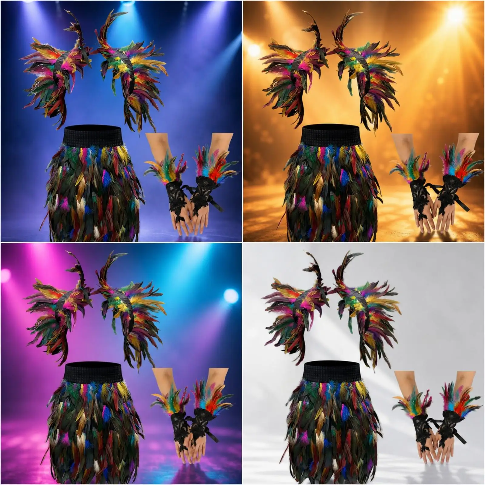 Adult Women Party Cape Feather Ensemble with Short Skirt and Gloves for Cosplay Carnival Masquerade Ball Costume