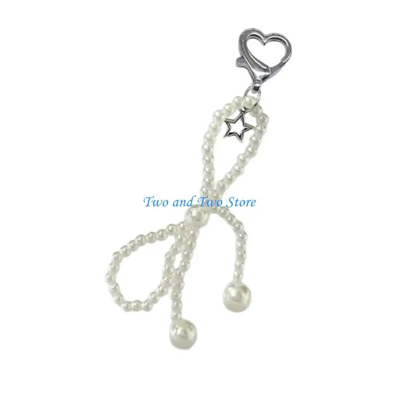 

HX6F Delicate Keychain with Elegant Pearls Charm Unique Beaded Bowknot Phone Charm