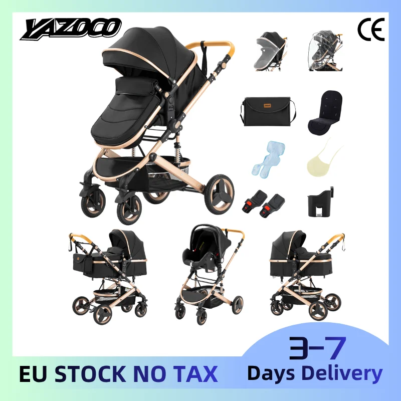 Poussette 3 en 1 pour nouveau-nés, poussette d'été respirante à position haute avec siège auto, châssis en aluminium léger pliable, prête pour les voyages