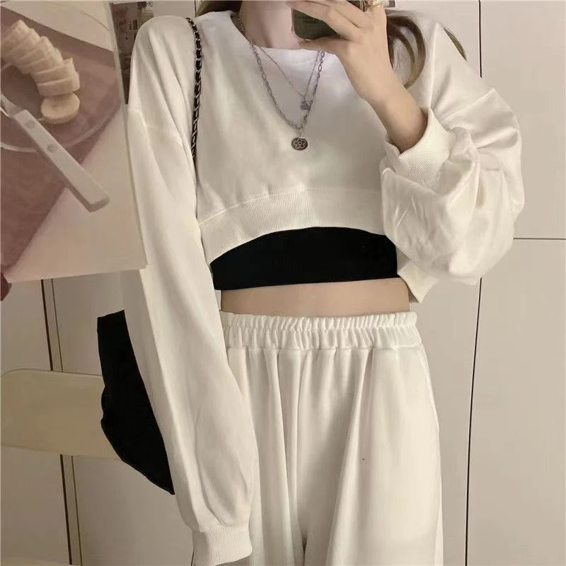 Fall Women O Neck Long Sleeve Crop Top T Shirts Korean Fashion Sexy Harajuku Casual Oversized Pullover Sports Hip Hop Streetwear