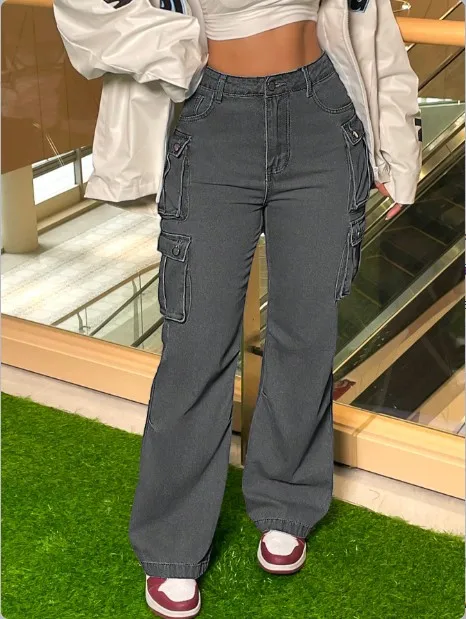 

Women's Jeans 2025 Spring Autumn New Fashion Retro Multi Pocket Design High Waist Casual Loose Straight Leg Denim Pants