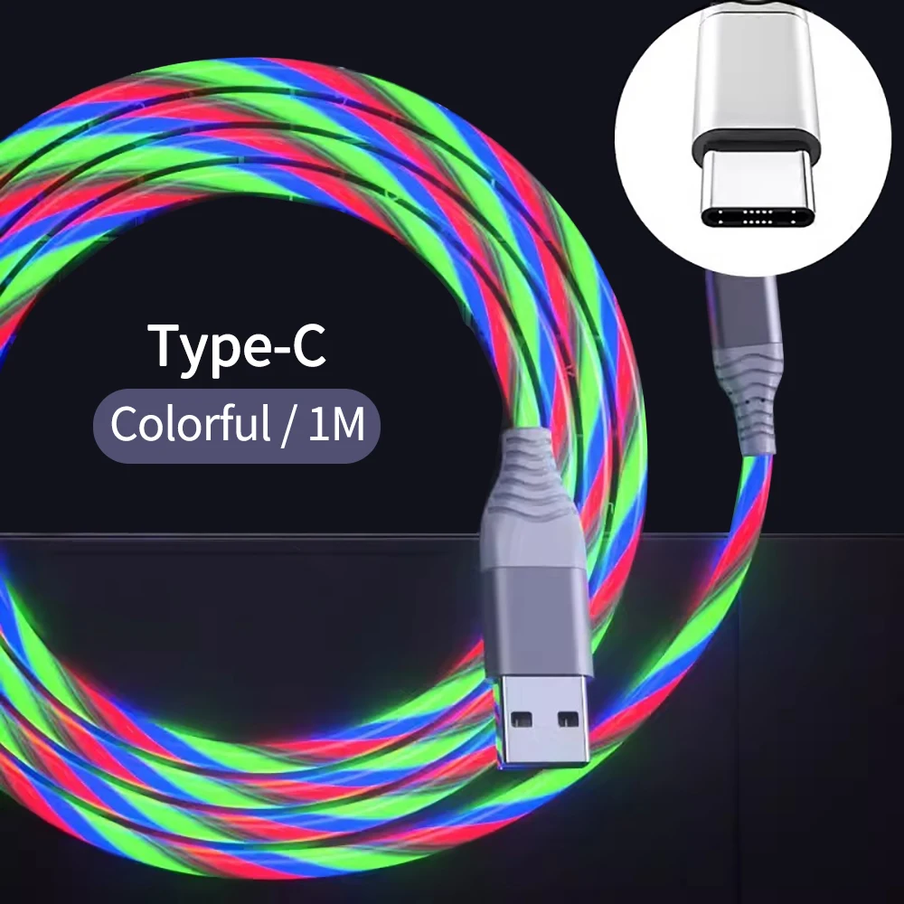 Glowing Luminous USB Type C Charge Cable For Samsung Xiaomi OPPO Huawei IPhone15 Fast Charger Data Cord Flowing Light LED Cable