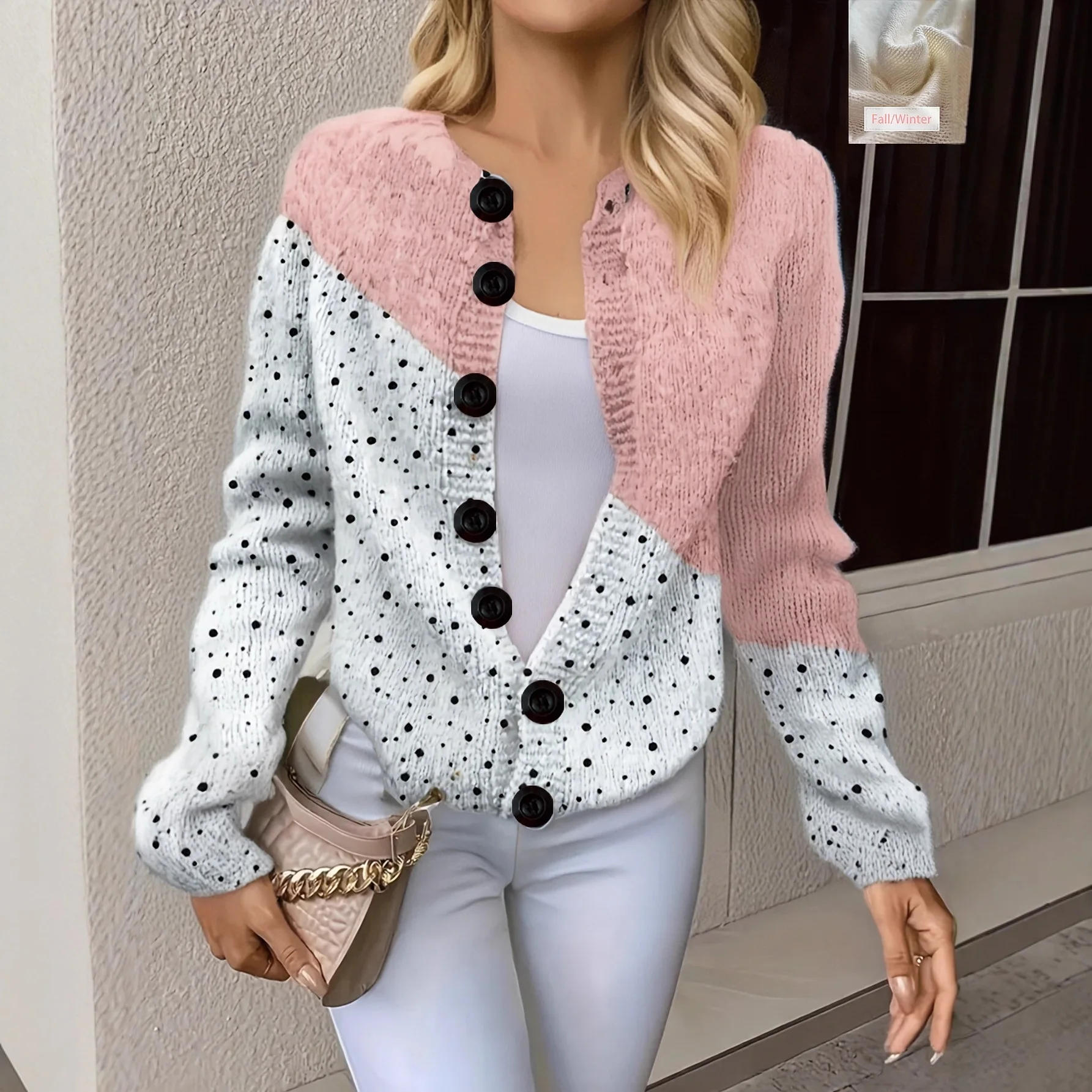 

Faionable round Ne 3D Printed Knitted Cardigan Women's Sweater Medium Thin for Commuting Online Exclusive Nylon Fabric