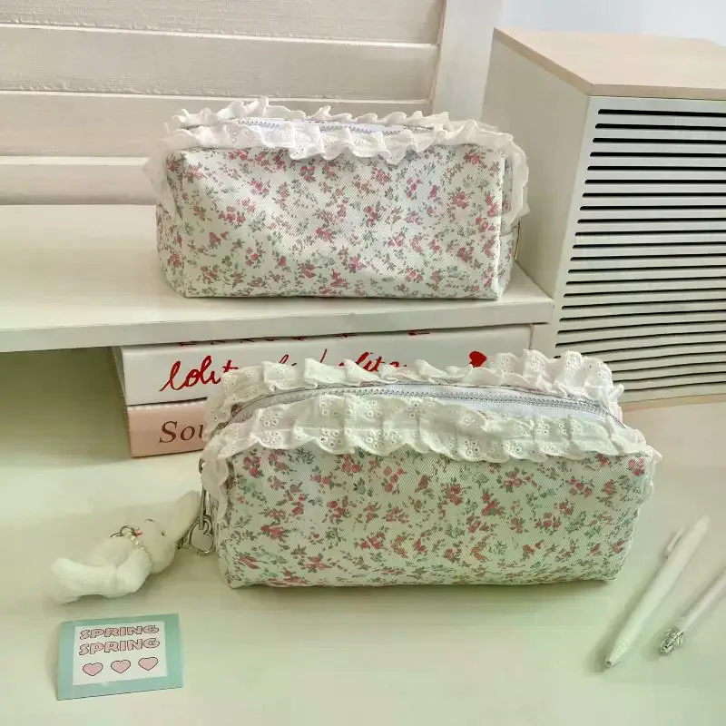 High Quality Lace Floral Pattern Pen Bag Zipper Design Large Capacity Pencil Case Stationery Organizer School Office