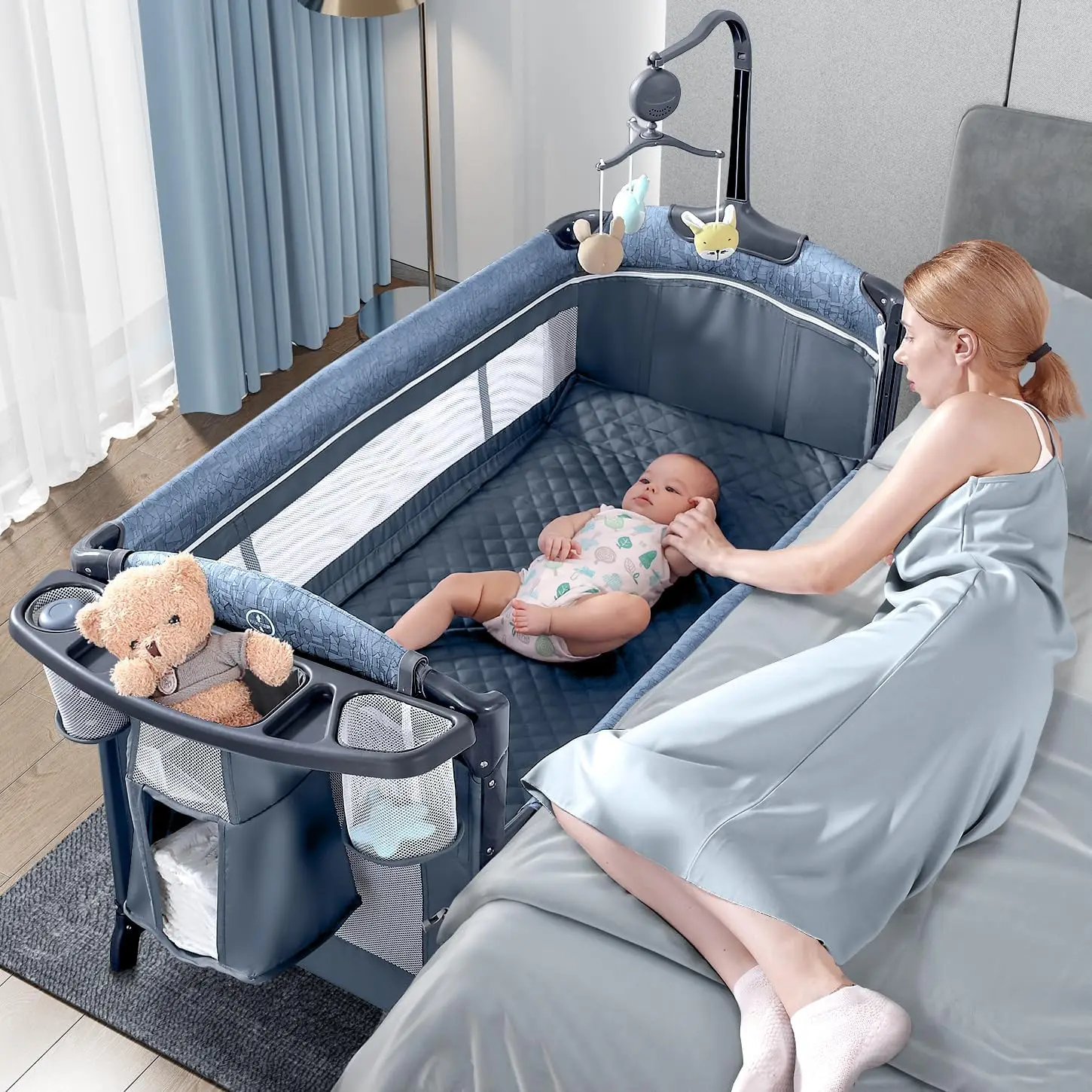 

Baby Bassinet Bedside Crib, Pack and Play with Sheet, Diaper Changing Table and Music Mobile from Newborn to Toddles, Portable L