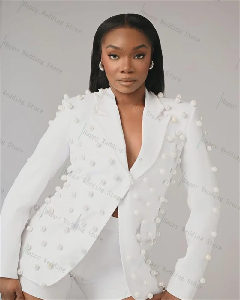 

Luxury Pearls Women Suit Set 2 Piece Blazer+Short Pants Trouser Formal Office Lady Jacket Customized Cotton Wedding Tuxedos Coat