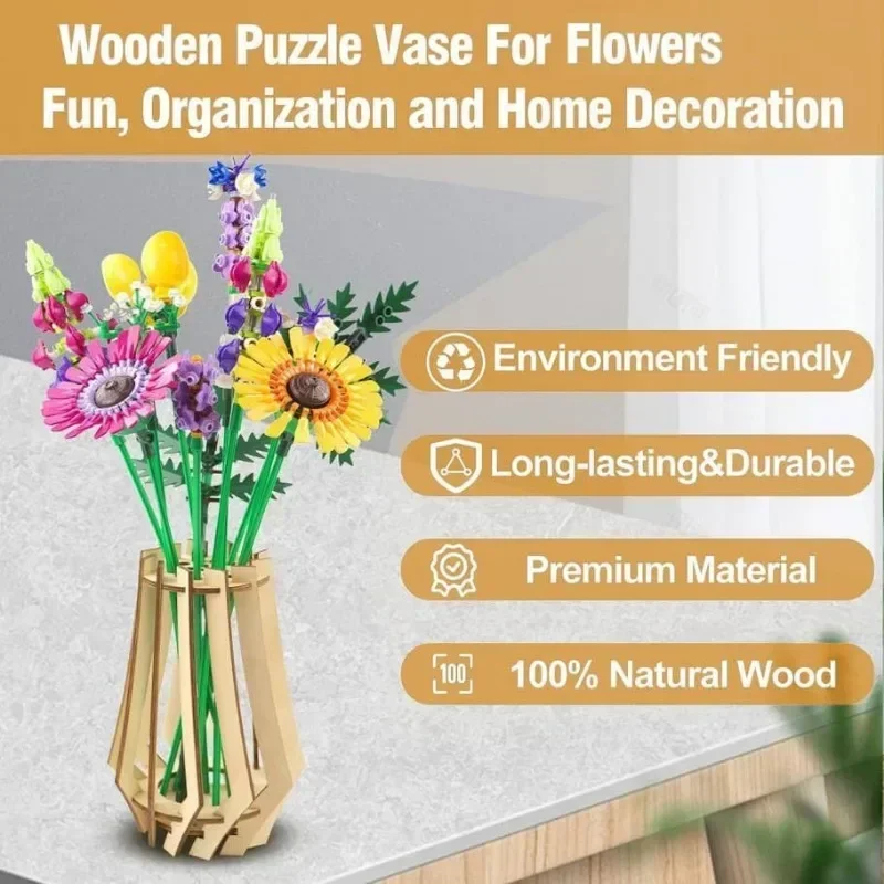2026 latest models top quality diy wooden display stand for lego rose cherry blossom sunflower tulip flower home decor