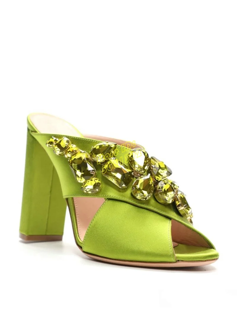 

Crystal Satin Cross Strap Slippers Peep Toe Block High Heel Slip On Runway 2026 Summer Women Dress Shoes Green Yellow Pink