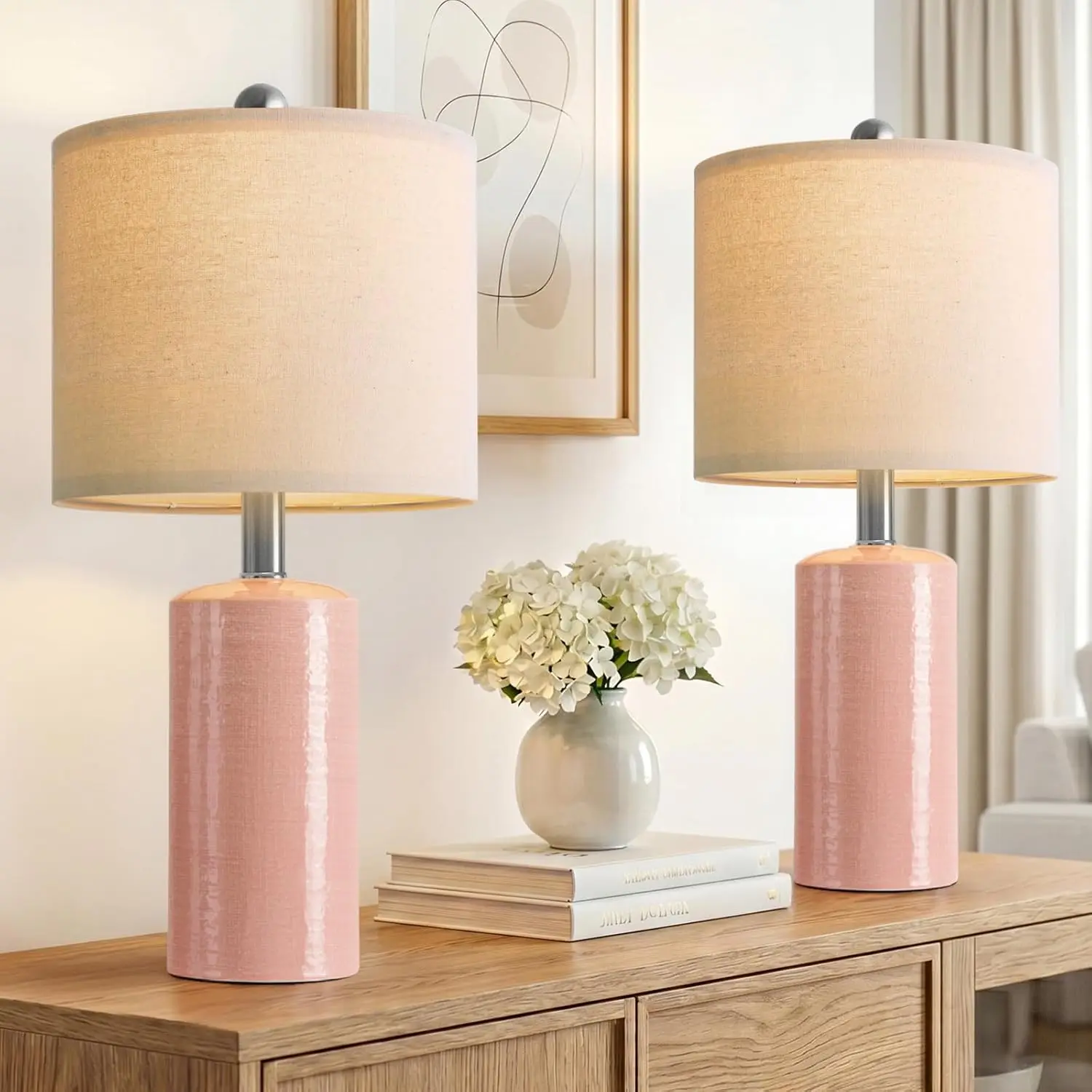 Set of 2 Ceramic Table Lamps, 20.5" Tall, Pink Modern Boho Farmhouse Nightstand Lamps for Living Room Bedroom