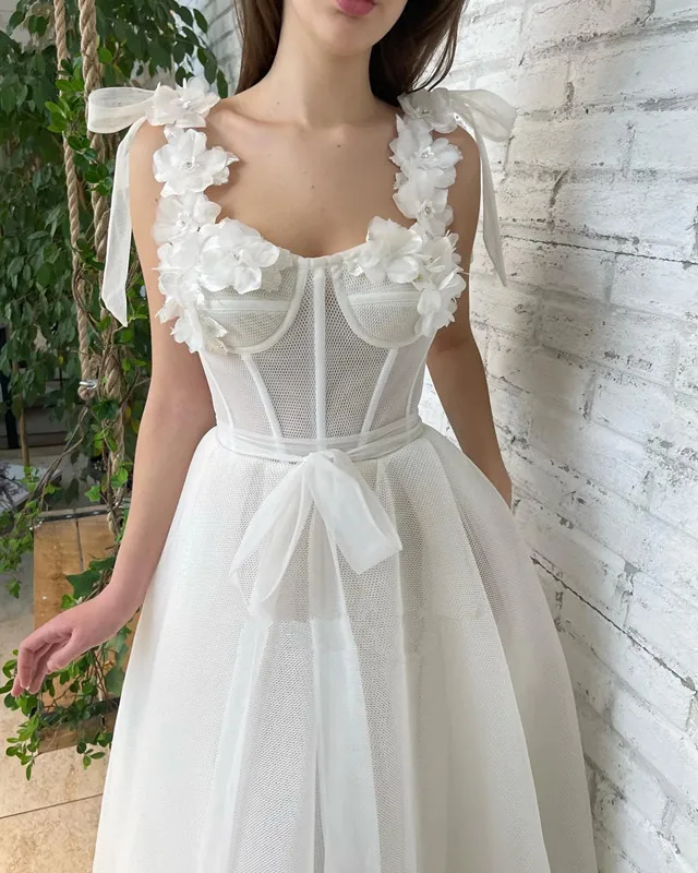 Elegant Sweetheart Mesh Net Tulle Midi Prom Dresses Bow Straps Sashes Handmade Flowers Tea-Length A-Line Wedding Party Dresses