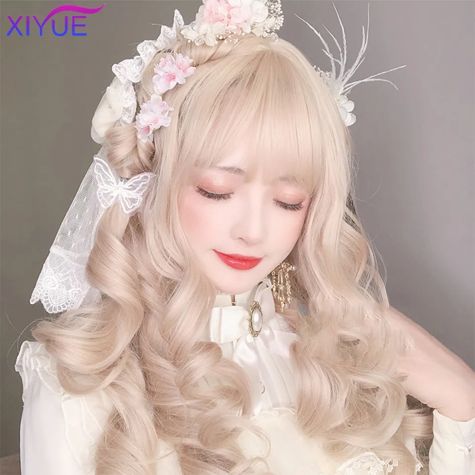 Cosplay Wig Long Natural Wavy Platinum Blonde Wigs with Bangs Cosplay Party Lolita Synthetic Wigs for Women Heat Resistant Fiber