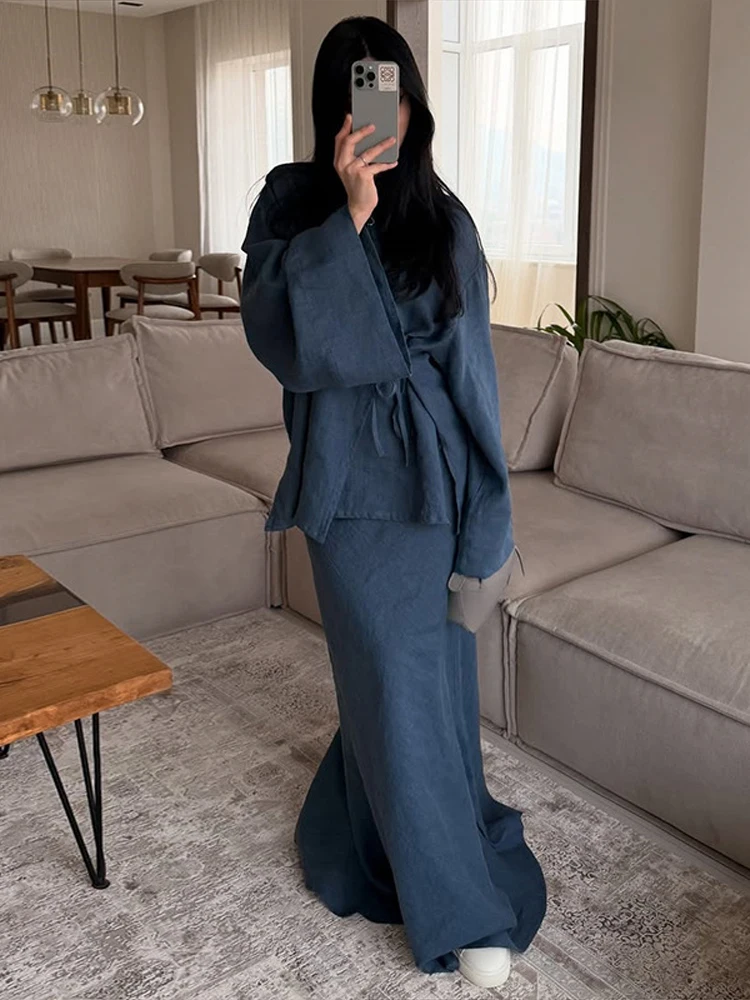 

Lazy Mop Skirts Outfits Women Loose V Neck Wide Sleeves Lace Up Sets Female 2025 Summer Fashion Soft Chic Solid Sets 2 Pieces