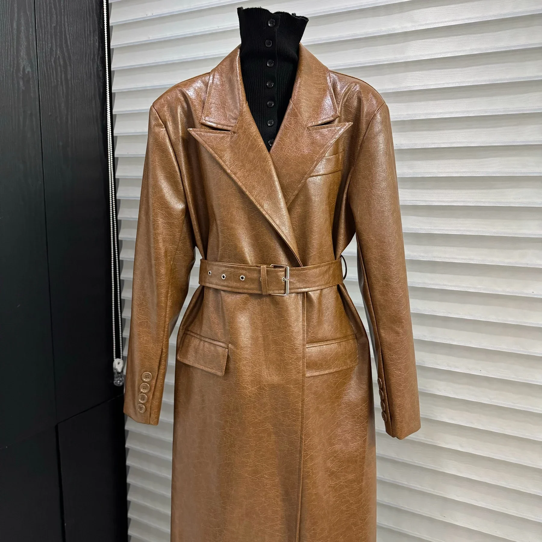 Autumn PU Leather Long Trench Coat Women with Belt Turn Down Collar Long Sleeve Windbreaker Fashion Chic Brown Overcoat