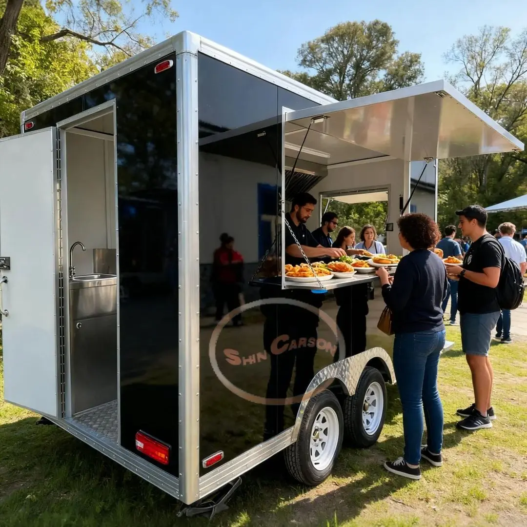 Black Mobile Food Cart Stylish Stainless Steel Dual-Wheel Design for Street Food Business