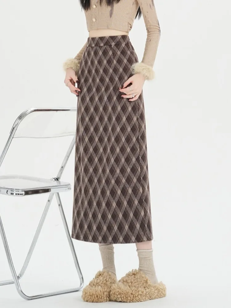 Hoge taille A-lijn rechte wollen rok Koreaanse Sle dames herfst winter geruite f-lengte rok met Ba Split