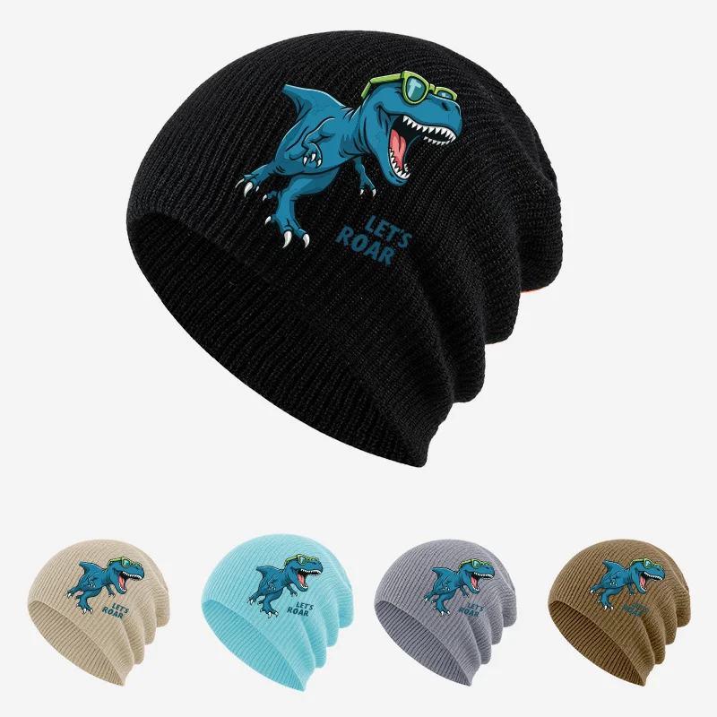 Fun Eye‑Catching Toddler 1‑3Y Slouchy Knit Beanie Cool T‑Rex Dinosaur Graphic Print Soft Comfortable For Zoo Visit Boys Casual H