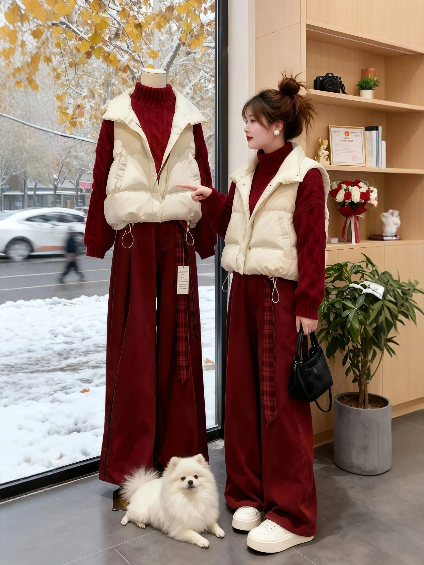 

Faionable Winter Tee-Piece Set Women's Knitted Sweater Wide Leg Pants Vest Casual Sle Warm Polyester Fabric High Waist