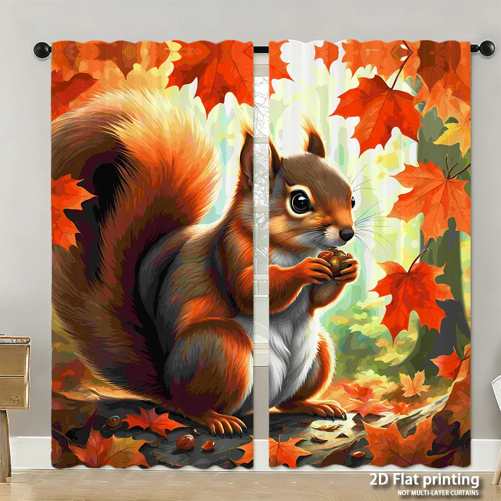 

2-piece set of high-definition digital printed curtainsautumnColorfulSquirrelWithRedLeavesStyleCurtainHome decoration style