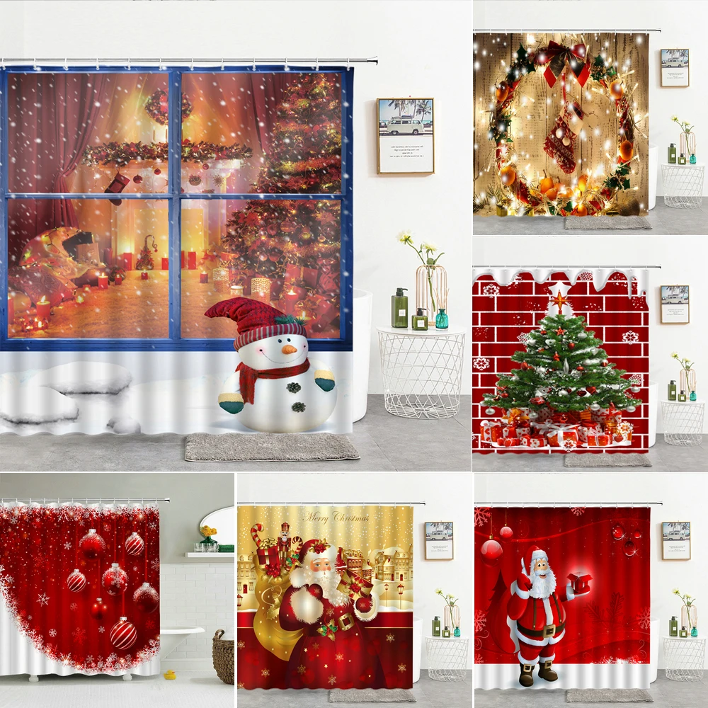 

Christmas Shower Curtains New Year Santa Claus Bathroom Curtains 3d Waterproof Holiday Gift Decor Polyester Frabic Bath Curtain