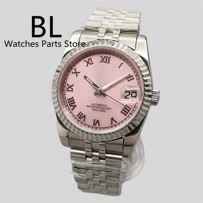 BLIGER 36mm39mmPink Dial Luxury NH35A Automatic Watch 904 Stainless Steel Fluted Bezel Sapphire Crystal Diamond Roman Time Marks