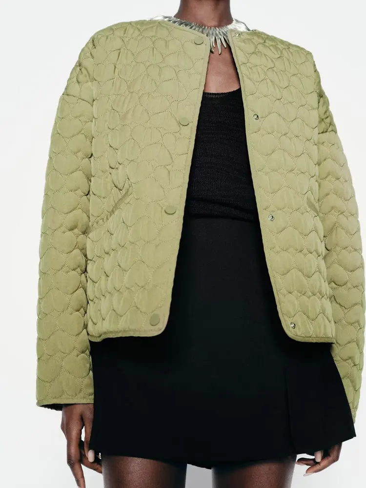 

Новинка 2023 года, осенние женские винтажные базовые стеганые теплые зеленые парки, женские элегантные свободные легкие куртки с круглым вырезом и подкладкой в форме сердца