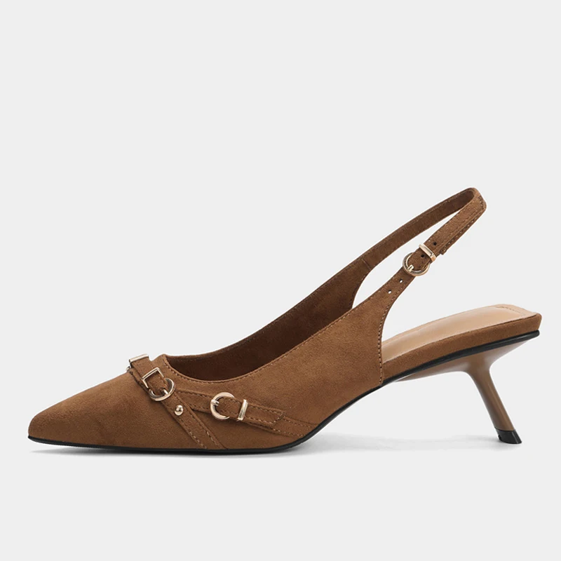 

Liyke Brand Design Belt Strap Pointed Toe Slingback Ladies Shoes Low Thin Heeled Mules Sandals Retro Brown Heels Women Pumps