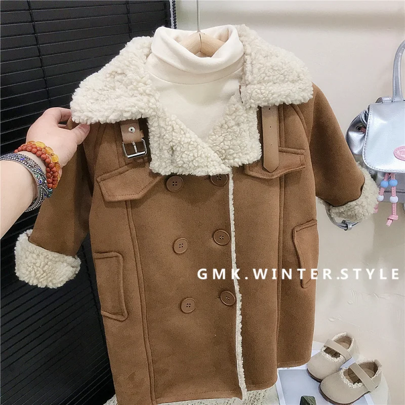 

Korean Version Winter New Girls Stand Collar Fur Coat Children's Fleece Lined Warm Mid-Length Coat