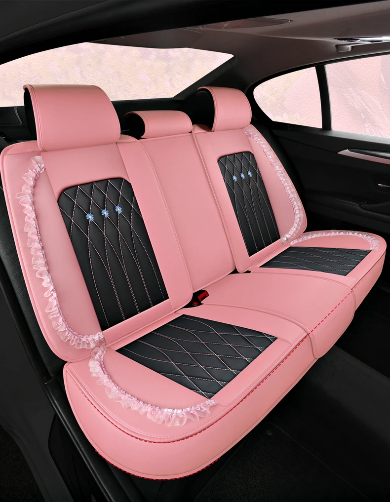 Women's special car seat cover Good-quality luxury version full set pink color for leather lace diamond noble cushion.