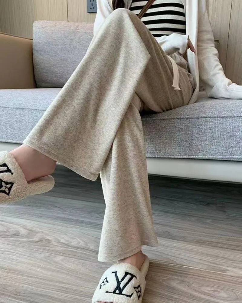 2025 الكاكي الكشمير بنطال ذو قصة أرجل واسعة المرأة عادية مستقيم الساق نسخة ضيقة لينة شمعي قطرة متماسكة السراويل النساء