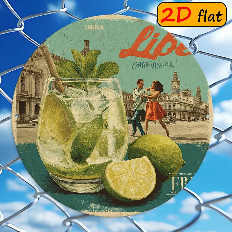 2D/Flat Retro-Style Cuban Cocktail Illustration Logo Aluminum Round Outdoor Sign Featuring Refreshing Cocktails Dancing Couples